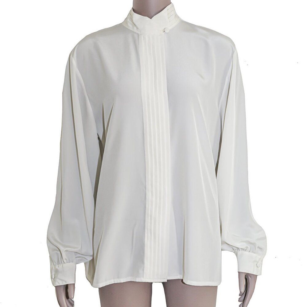 White Pleated Button-Down Blouse Classic‎ Collared Shirt for Office Formal Top